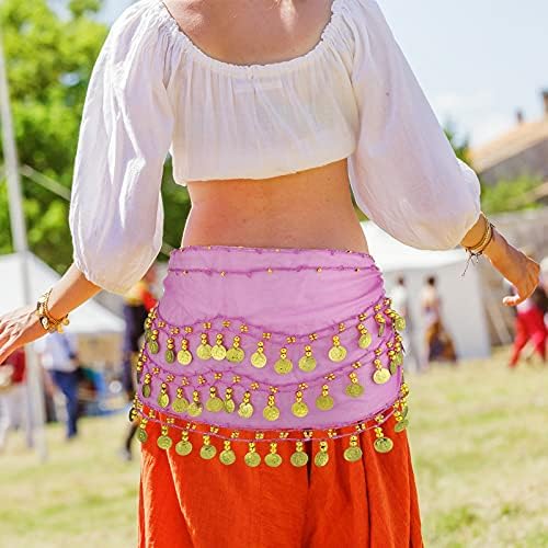 7 парчиња шамија на колкот за танцување на колкот за жени шифон што висат стомак танцување колк здолниште со шамија со златни монети