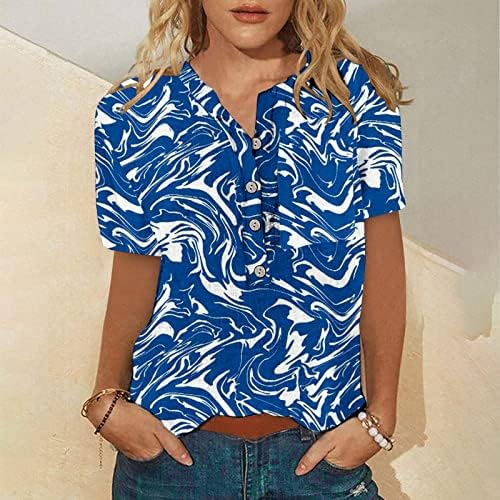 Плус големина врвови за жени лето кратки ракави маица летно копче Хенли торбичка копче за топење на вратот на вратот Врв