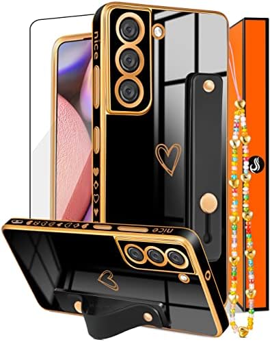 Ликијами (3in1 За Samsung Galaxy S22 Случај Срце Жени Девојки Симпатична Девојка Girетски Трендовски Луксузни Убава Со Јамка Телефон Случаи Црна И Позлата Љубов Срца Покритие+
