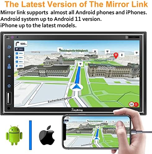 CAR стерео компатибилен со Apple CarPlay, Double DIN 7 Full Touch HD капацитивен екран - огледало врска, Bluetooth, резервна камера, контроли на воланот, субвуфер, USB/SD порта, AM/FM CAR Radio