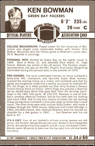 1971 година на Kellogg # 34 Ken Bowman Packers NM Packers Висконсин