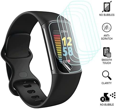 [5-Пак] Uzviyo компатибилен со Fitbit Charge 5 заштитник на екранот, целосна покриеност Флексибилен заштитен филм за чисто филм мек TPU додаток,