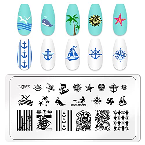 Bonniesam Nail Art Smage Pamping Шаблон 4 парчиња палма медуза сирусна морска плоча за печат за летни маникир за празници на плажа