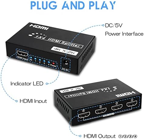 DGODRT 4 Порта HDMI Сплитер 4K@30Hz + HDMI 2.0 Кабел 5FT 4K@60Hz