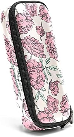 Кожа со молив со молив, голем капацитет, држач за шминка за шминка торбичка, акварел розови божур цвеќиња растенија големи