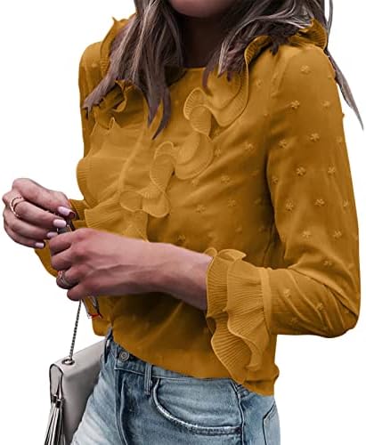 Кошула за жени случајна горната чипка Полка точка О вратот маица со долги ракави врвови блузи женски врвови блуза со кошула