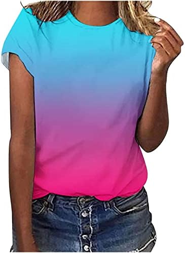 Fartey женски летни кошули за боење на бојата, случајни кратки ракави, блузи од вратот, градиент на градиент, лабава вклопена тунична врвови, пулвер