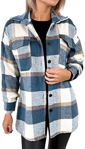 Женска фланела кошула карирана јакна од шахти единечна лабава лабава вклопена лежечка копче волна мешавина од каат блузи