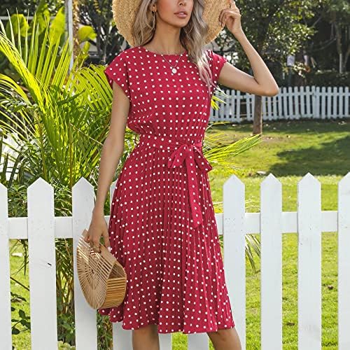 Nokmopo Фустани за кратки ракави за жени 2023 Елегантна пролетна модна плетена туника со тркалезен фустан со краток ракав, печатен врат, печатен