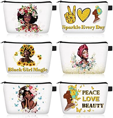 6 Парчиња Црни женски Чанти За Шминка Афроамериканска Торбичка За Шминка Тоалетна Торба За Жени Платно Козметичка Торба Патент Шминка