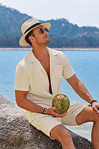 Коофанди мажја 2 парчиња Комплети со кратки ракави, случајно копче надолу по хипи маици шорцеви поставува летни модни облеки на плажа