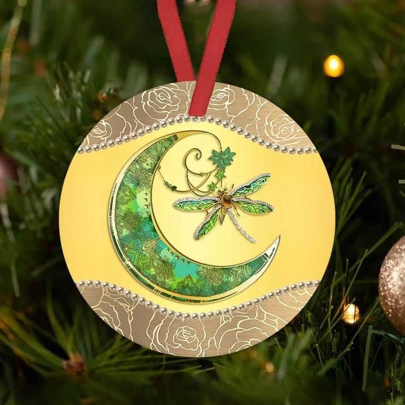 Керамички кружни украси на змеј и месечина, Божиќни украси со зелена ланга и ланец за накит со месечина со розова граница отпечатена на керамички