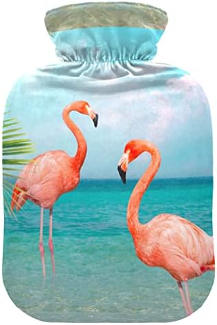 Шишиња со топла вода со обвивка Фламингос сино море лисја вреќа со топла вода за олеснување на болката, топла и ладна терапија, торба со топла