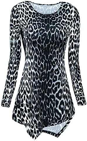 Андонгнивел Жените Леопард Печатење Круг Вратот Долги Ракави Маица Мода Леопард Печати Тенок Дно Кошула