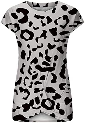 Топ кошула за жени со краток ракав брод со памук памук starвезда леопард печати цветна графичка лесна лабава маица hj hj