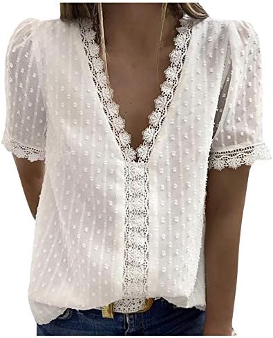 Женски летни чипка врвови со кратки ракави против вратот Полка точка блузи кошули проток на тунични врвови кошули фустани случајни