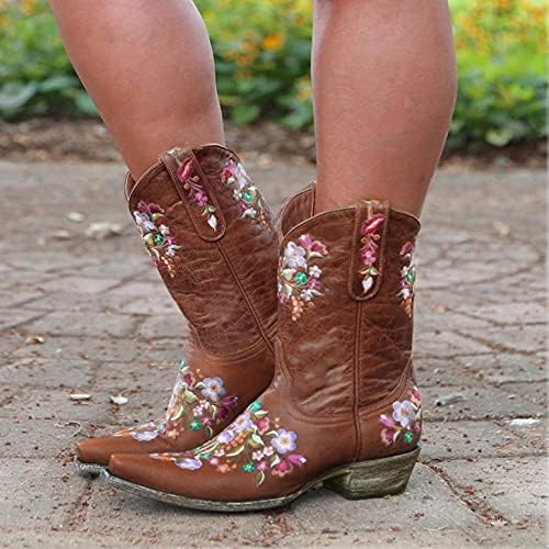 Чизми за платформа Uocufy за жени фустани везени чизми за каубојци ретро глуждот кратки чизми зашилени пети каубојски чизми западни чевли