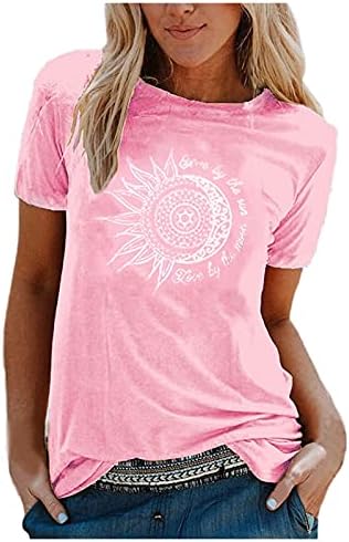 Маица со кратки ракави за жени екипаж гроздобер Сонце Месечина печати тенок вклопна обична маица маица врвови на блузи маички врвови