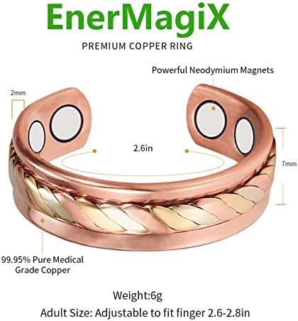 Бакарна нараквица Enermagix за жени, бакарен прстен и нараквица костум Прилагодлив прстен на магнетна нараквица со магнети, подароци