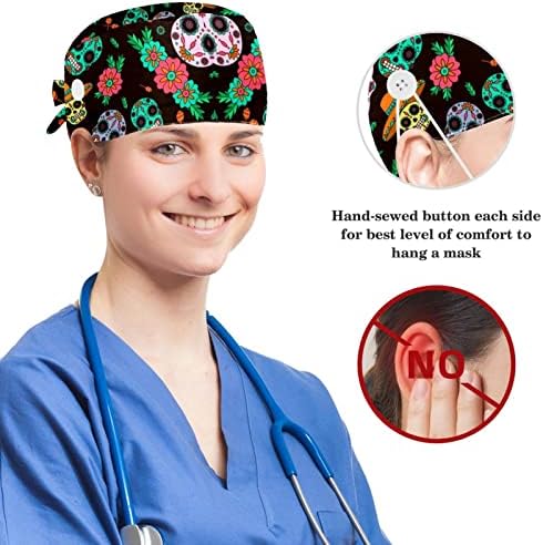 Медицински капачиња прилагодливо работно капаче со копчиња и лак за коса Скручен Диа де Муертос Шеќер череп