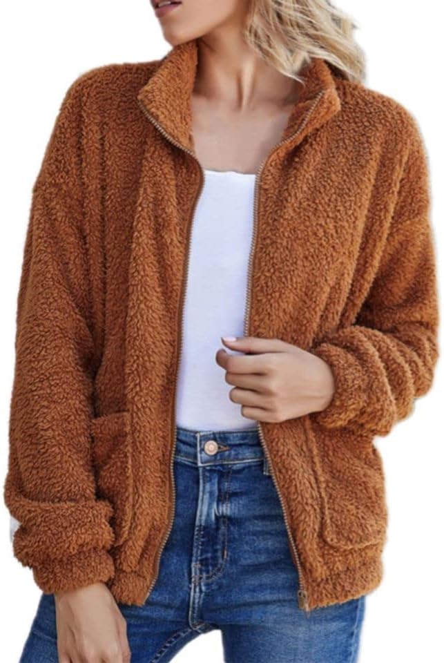 Женски есенско руно јакна палто дами солиден целосен патент кардиган топли палта со преголема јакна со џебови
