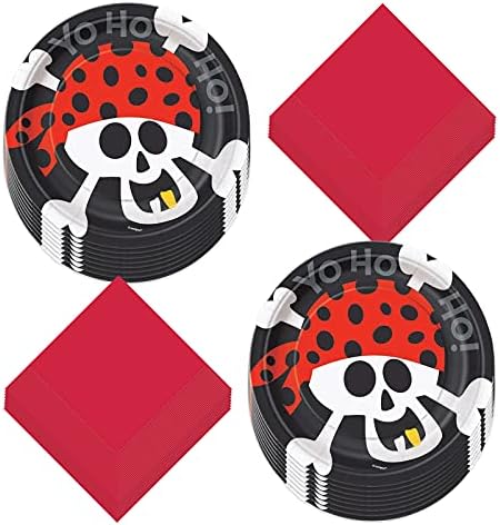Снабдување со пиратски партии - Пријателски череп и коски со црна хартија десертни плочи и салфетки со црвен пијалок
