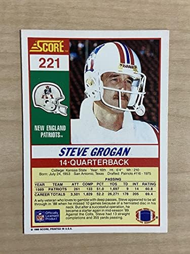 Патриотите на Стив Гроган Нова Англија потпишаа автограмирана картичка за резултат од 1990 година 221 w/COA