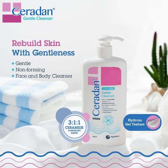Ceradan Нежно Чистење 280ml-Ceradan Нежно Чистење е нежна, сапун-бесплатно, лице &засилувач; чистење на телото што не само што хидрира &засилувач;