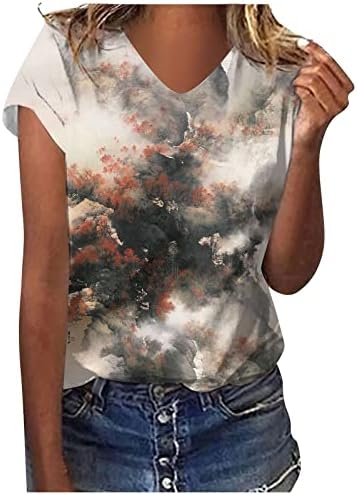 Letterенски летни врвови модни обични печатени V-вратот со кратки блузи кратки блузи со кратки блузи