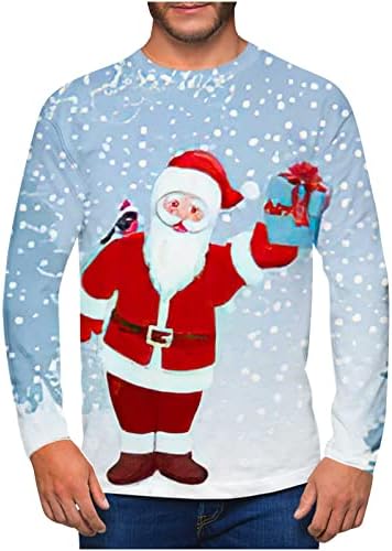 Менс тенок вклопувачки обични Божиќни досиеници за дишење со долги ракави, џемпери на екипажот 3Д снежен човек печати смешен пуловер