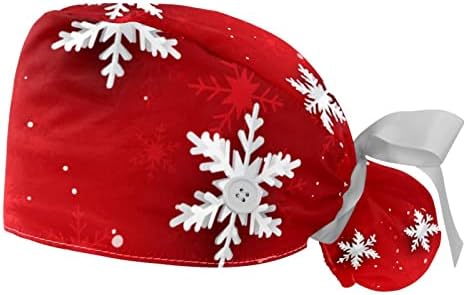 Божиќни црвени снегулки за чистење капи за жени со долга коса, работна капа со копче и џемпери 2 компјутери Унисекс вратоврска назад капи.
