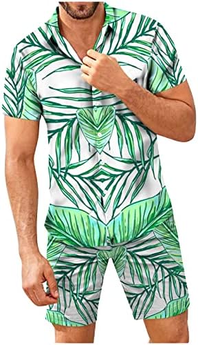 Машка печатена кошула Обична мода лабава лабава врвови со кратки ракави и шорцеви во стил на летен одмори за одмор на плажа маици