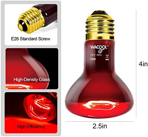 Wacool 2 пакувања со пакувања на топлински светилки, 75W инфрацрвено место за базинг светло за влекачи и водоземци, црвена сијалица
