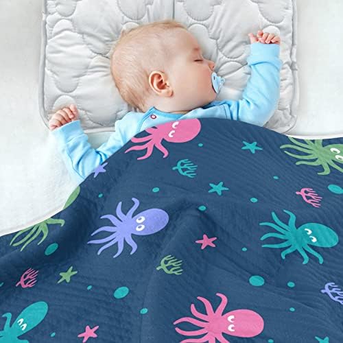 Swaddle Claince Шарено октопод сино памучно ќебе за новороденчиња, примање ќебе, лесен меко висино ќебе за креветчето, шетач, расадник