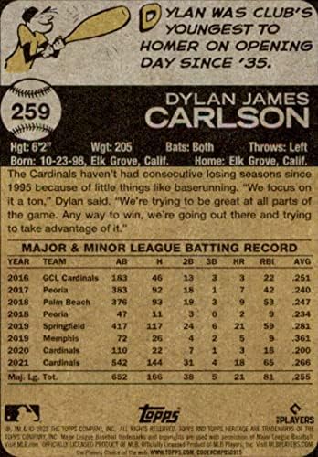 2022 година Херитиџ Топс #259 Дилан Карлсон Сент Луис кардиналс Официјална картичка за бејзбол МЛБ во сурова состојба