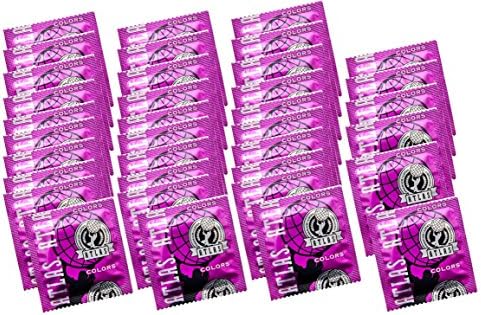 Нови бои на Атлас Премиум латекс кондоми Секоја кондом има класична, форма со директен wallид, врвен лубрикант базиран на силикони: