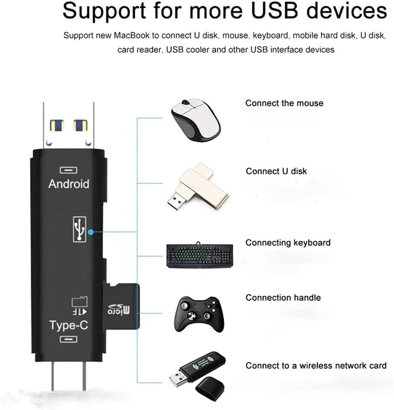 Волт+ 5 во 1 Мултифункционален читач на картички компатибилен со Xiaomi Redmi 9 има USB тип-C/ microusb/ TF/ USB 2.0/ SD читач на картички