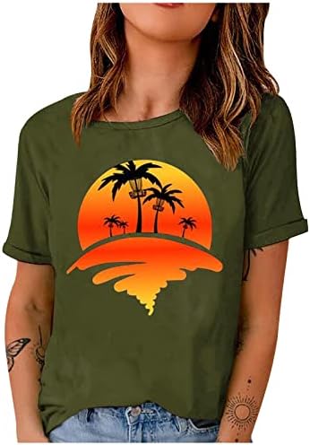 Кошули на плажа на Хаваи, женска палма за сурфање маица со кратки ракави екипаж на екипаж на врвови за одмор на одмор, туничен туниќ за одмор Туника