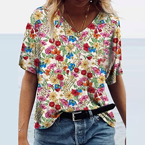 Женски врвови облечени обични летни маички за летни маички кратки ракави против вратот лабава модна блуза боемска шема туника врв