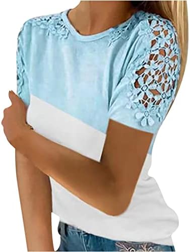 Блузи со кратки ракави за жени облечени обични врвови на вратот лето чипка, врвна симпатична модна боја блокада лабава маици со маици