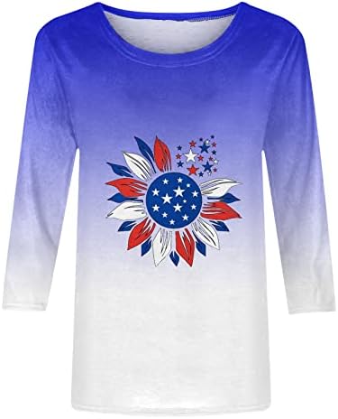 4-ти јули сончогледни кошули женски лето 3/4 ракави врвови патриотски празник врвот опуштена вклопена маица за вратот за жени