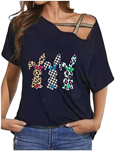 Женска смешна зајаче графичка маица, обична ладна рамо, кратка ракав, врвен летен лабав лабав врв