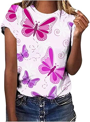 Пеперутка Туника врвови за жени облечена во обична хавајска кошула 2023 летна маица лабава вклопена блуза со кратки ракави на екипажот