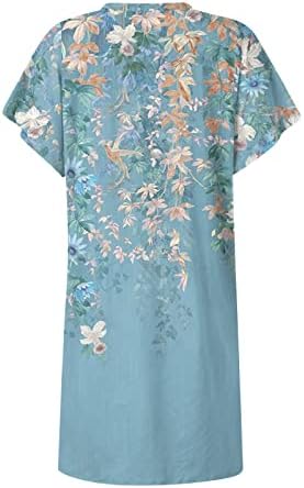 Летни фустани за жени 2023 година лабава разделена лилјак со кратки ракави екипаж мини фустани за обични печатени плажа маички фустани