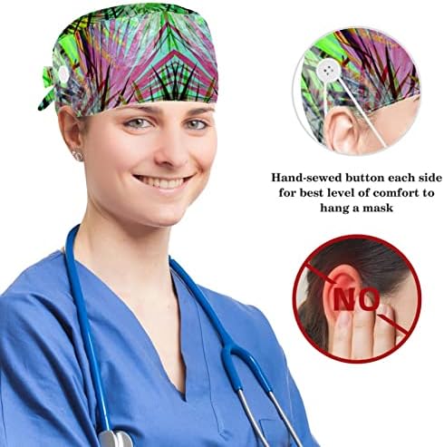 Медицински мерила за чистење долга коса, тропска дланка лисја неонска боја прилагодлива работна капа со копчиња и лакови за коса