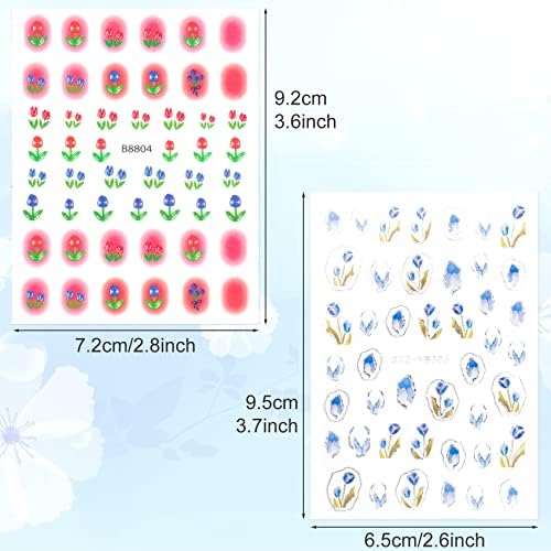 Хинзиќ 12 листови налепници за уметност со цвеќиња за само-лепење на 3Д лалиња оставаат декорални дизајни за акрилни нокти пролетно лето декорација на маникир