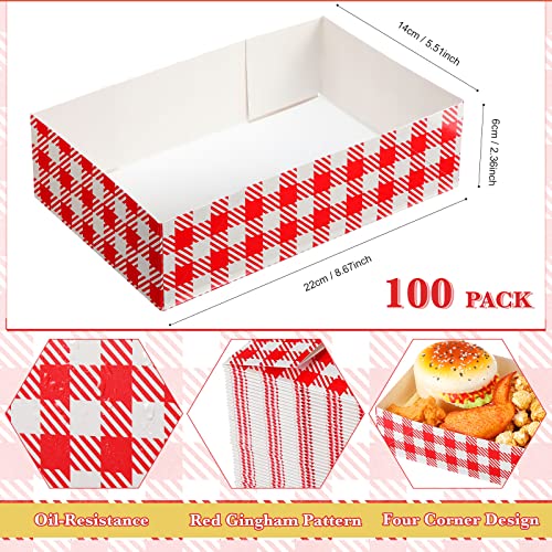 100 парчиња црвена карирана храна сад за храна Гингам од картон 4 агол Поп -попрска храна сад за хартија за еднократна употреба