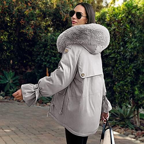 Женска тексас јакна, патна пуферска јакна за жени со долг ракав лежерна долга зимска памучна палта цврста топла вклопена качулка со џеб јакна женски