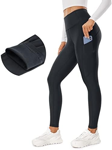 ЦРЗ Јога термичко руно наредени хеланки жени 28 '' - Зимски топло високо половини за пешачење со џебови со тренингот за џебови кои работат