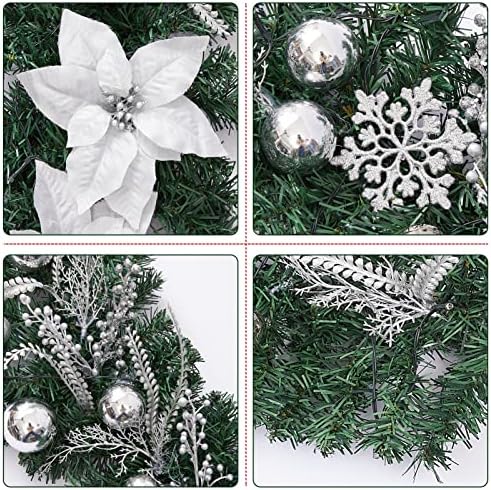 Прелит 6 Нозе Божиќ Венец Сребрена Бела Со Батерија Управувана 30 LED Светла, Топката Орнаменти, Снегулки, Poinsettia Цвеќиња